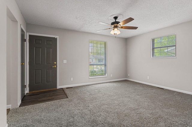 spare room featuring ceiling fan, carpet flooring, a textured ceiling, and a wealth of natural light