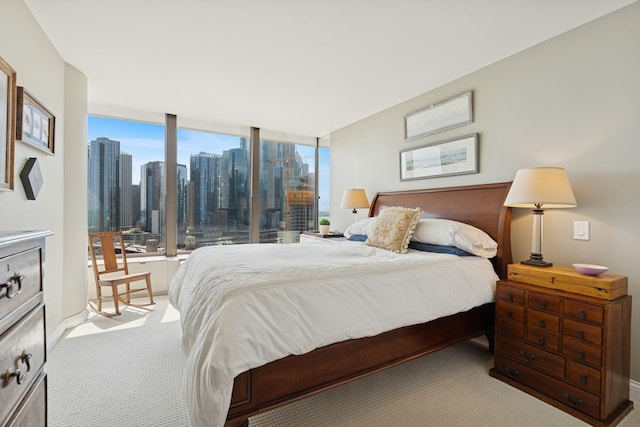 bedroom with a city view, baseboards, and carpet flooring