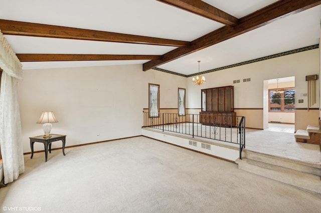 515 S Inner Circle Dr, Mount Prospect, IL 60056 - interior space with visible vents, baseboards, vaulted ceiling with beams, carpet, and a notable chandelier