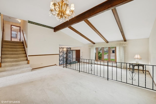 515 S Inner Circle Dr, Mount Prospect, IL 60056 - unfurnished living room featuring carpet floors, vaulted ceiling with beams, and a chandelier