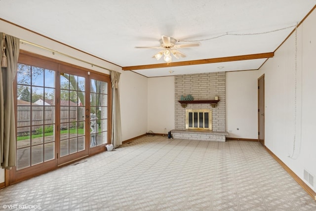 515 S Inner Circle Dr, Mount Prospect, IL 60056 - unfurnished living room featuring baseboards, a brick fireplace, ceiling fan, and visible vents