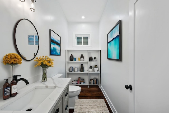 bathroom with vanity, wood finished floors, and toilet
