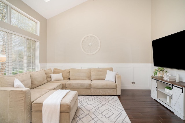 553 Ivory Ln, Bartlett, IL 60103 - living area featuring high vaulted ceiling, a wealth of natural light, wainscoting, and dark wood-type flooring