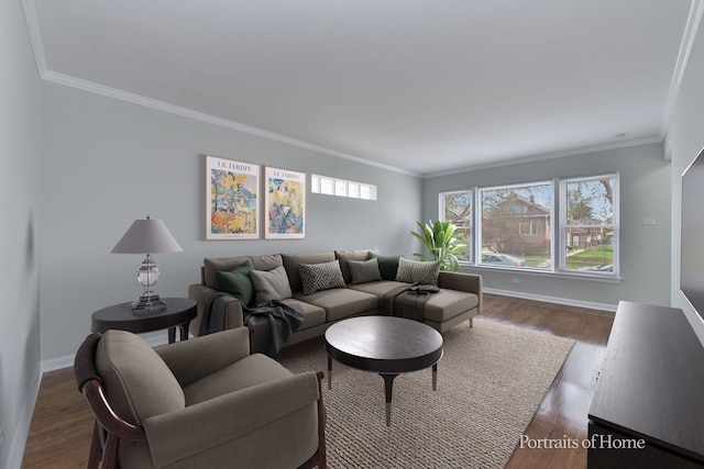 living room with crown molding, baseboards, and dark wood-style floors