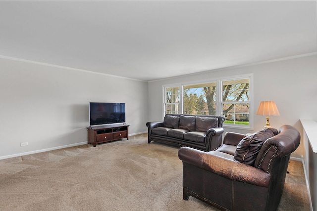 living room featuring crown molding, carpet floors, and baseboards