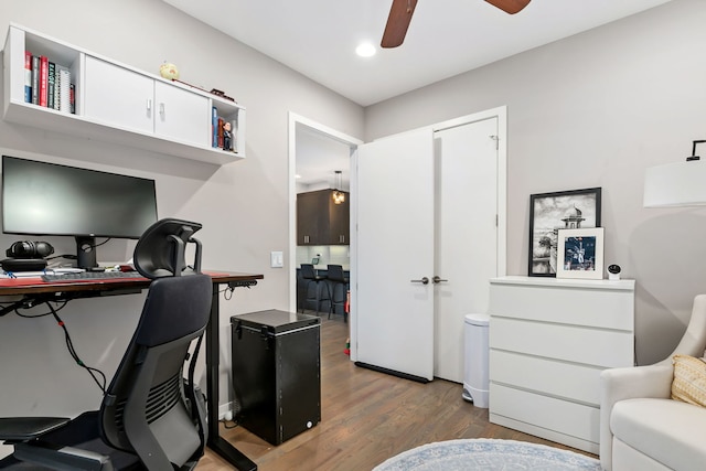 office space featuring recessed lighting, ceiling fan, and wood finished floors