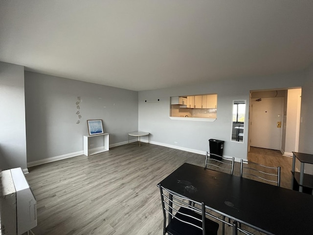 kitchen with baseboards, wood finished floors, and light brown cabinets