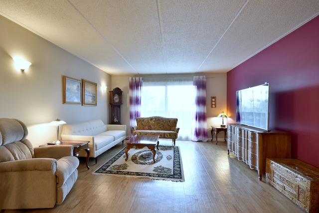 living area with a textured ceiling and wood finished floors