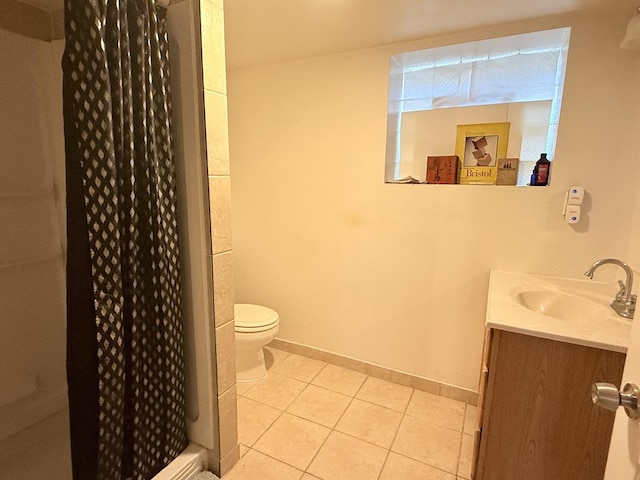 full bathroom with tile patterned flooring, vanity, toilet, baseboards, and a shower with shower curtain