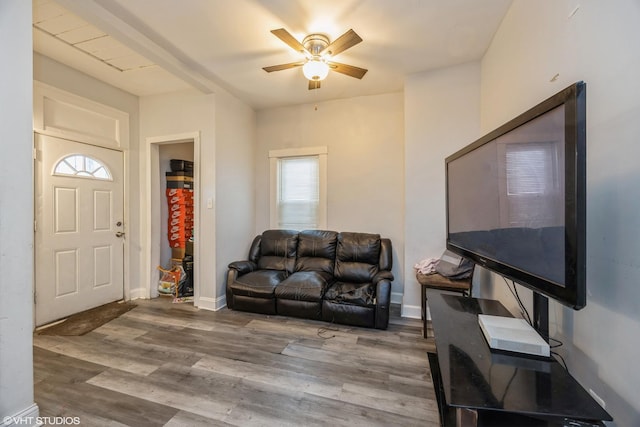 living area with ceiling fan and wood finished floors