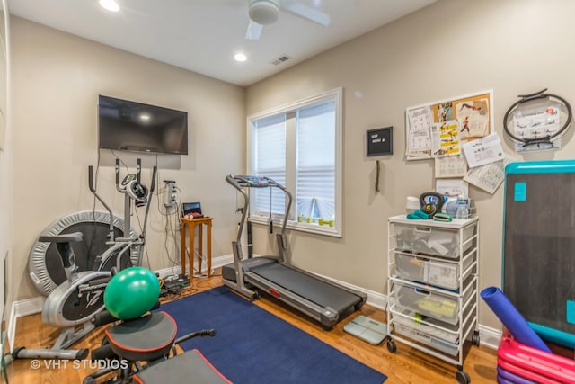 4336 N Troy St, Chicago, IL 60618 - exercise room with ceiling fan, visible vents, wood finished floors, baseboards, and recessed lighting