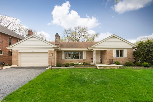 2001 Woodland Ave, Park Ridge, IL 60068 - ranch-style home with a front yard, a chimney, brick siding, an attached garage, and driveway
