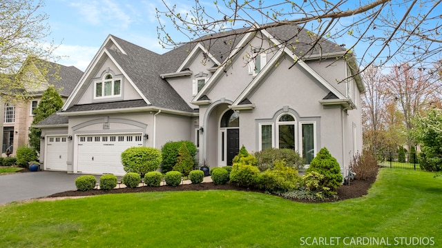 2716 Whitchurch Ct, Naperville, IL 60564 - traditional-style house featuring fence, a shingled roof, a front lawn, aphalt driveway, and stucco siding