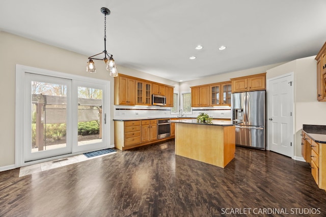 2716 Whitchurch Ct, Naperville, IL 60564 - kitchen with a center island, dark wood finished floors, appliances with stainless steel finishes, and glass insert cabinets
