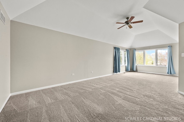 2716 Whitchurch Ct, Naperville, IL 60564 - unfurnished room with baseboards, ceiling fan, vaulted ceiling, and carpet flooring