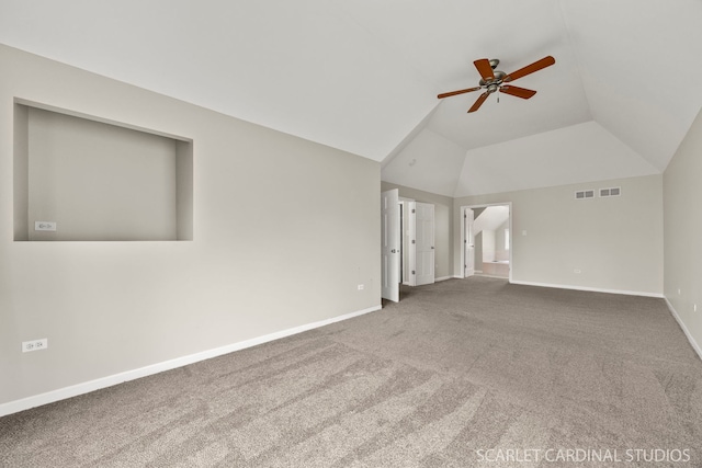 2716 Whitchurch Ct, Naperville, IL 60564 - carpeted empty room with ceiling fan, vaulted ceiling, baseboards, and visible vents