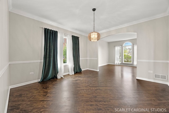 2716 Whitchurch Ct, Naperville, IL 60564 - spare room with visible vents, arched walkways, wood finished floors, and a notable chandelier