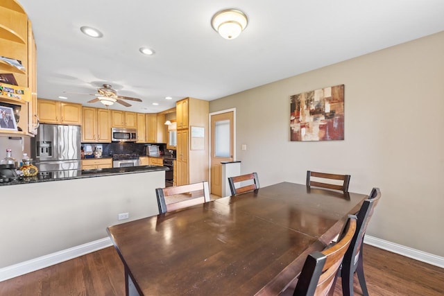 dining space featuring baseboards, a ceiling fan, recessed lighting, and dark wood-style floors