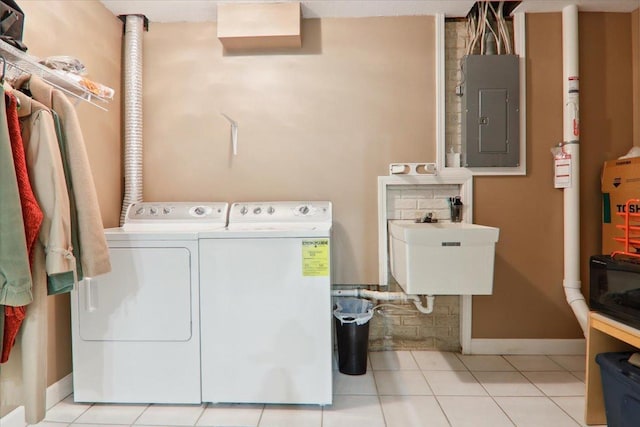 2 Reading Rd, Bloomington, IL 61701 - washroom featuring laundry area, baseboards, electric panel, washing machine and clothes dryer, and a sink