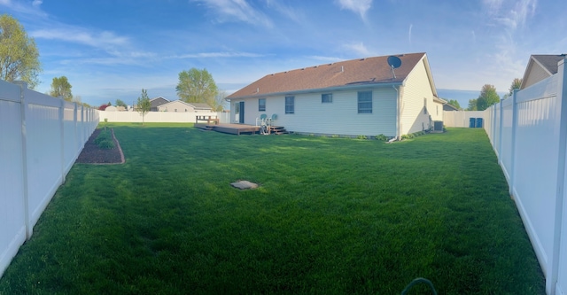 view of yard featuring a fenced backyard and a deck
