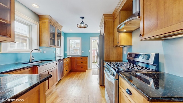 1730 Madison St, Evanston, IL 60202 - kitchen featuring appliances with stainless steel finishes, wall chimney range hood, a sink, brown cabinets, and light wood-type flooring