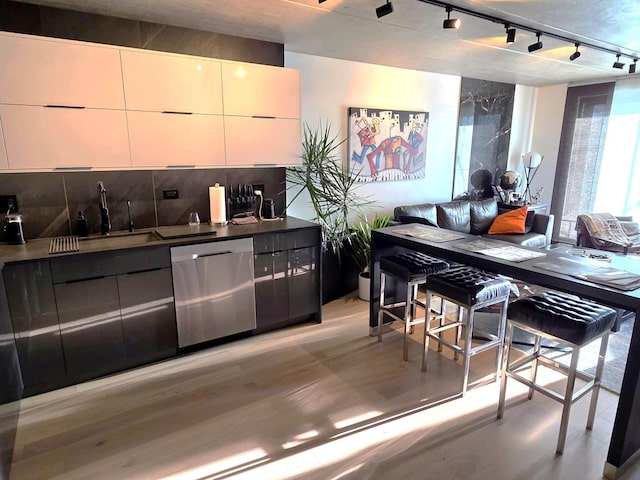 9701 N Dee Rd Unit 2G, Niles, IL 60714 - kitchen with a sink, light wood finished floors, stainless steel dishwasher, and rail lighting