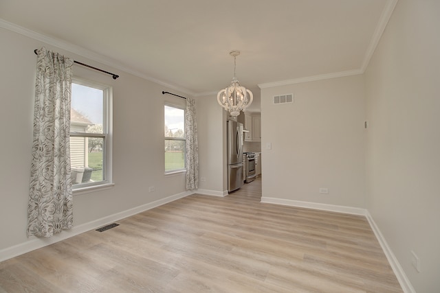 1877 Westmore Grove Dr, Plainfield, IL 60586 - unfurnished dining area featuring a chandelier, crown molding, light wood-style flooring, and baseboards