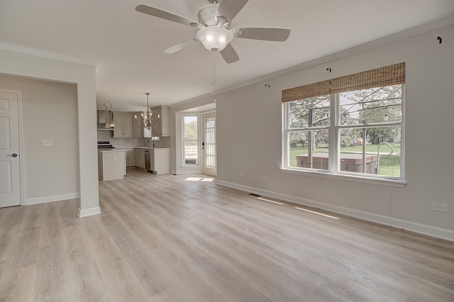 1877 Westmore Grove Dr, Plainfield, IL 60586 - unfurnished living room featuring ornamental molding, a ceiling fan, baseboards, and light wood-style floors