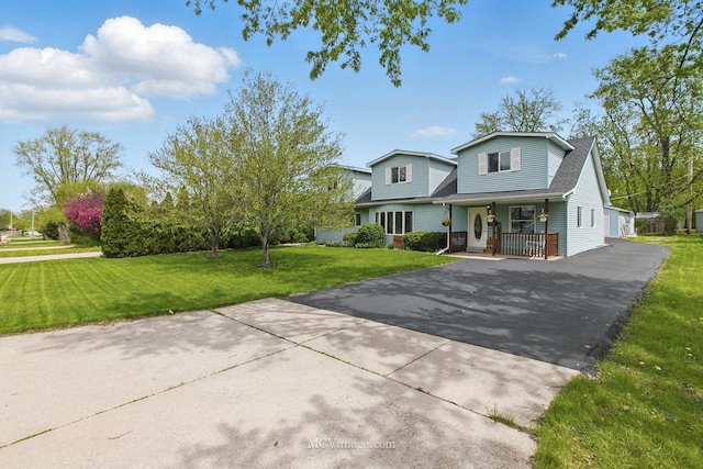 view of front of house featuring roof with shingles, a front lawn, a porch, and driveway