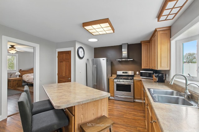 kitchen with wall chimney range hood, light countertops, a sink, dark wood finished floors, and appliances with stainless steel finishes