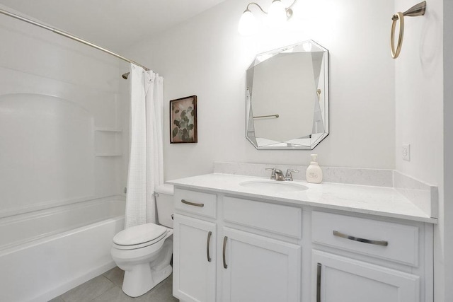 bathroom with vanity, tile patterned flooring, shower / bath combination with curtain, and toilet