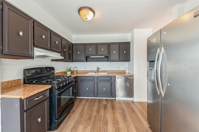 kitchen with decorative backsplash, light wood-type flooring, a sink, under cabinet range hood, and stainless steel appliances