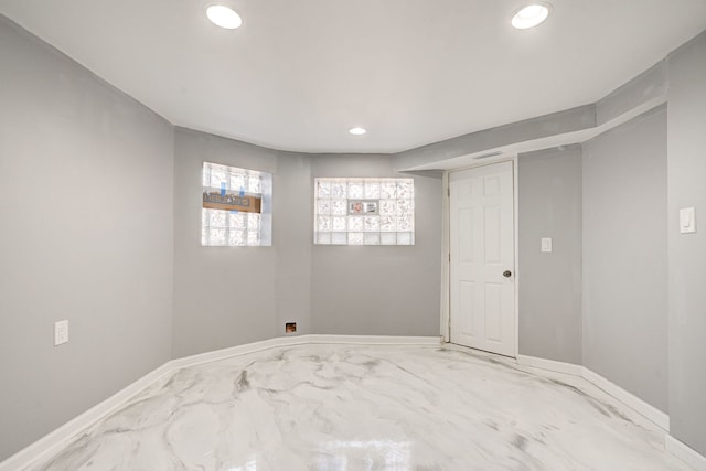 unfurnished bedroom featuring baseboards, recessed lighting, and visible vents