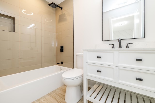 full bath with vanity, bathtub / shower combination, toilet, and wood finished floors