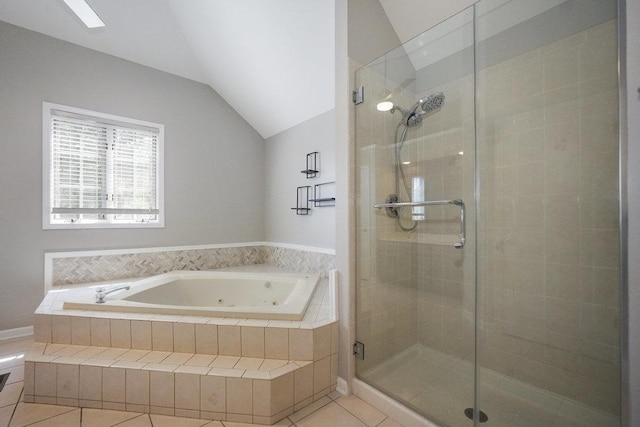 1872 River Ridge Circle, Naperville, IL 60565 - bathroom featuring a jetted tub, tile patterned floors, a stall shower, and vaulted ceiling