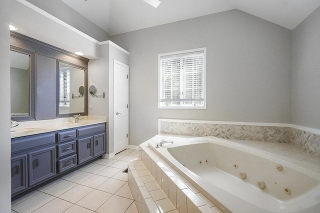 1872 River Ridge Circle, Naperville, IL 60565 - bathroom with double vanity, a whirlpool tub, tile patterned floors, and vaulted ceiling