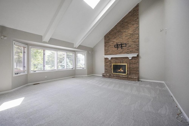 1872 River Ridge Circle, Naperville, IL 60565 - unfurnished living room featuring light carpet, baseboards, beam ceiling, a fireplace, and high vaulted ceiling