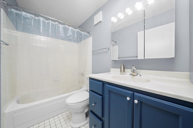 bathroom featuring shower / bath combo, vanity, toilet, tile patterned floors, and a textured ceiling