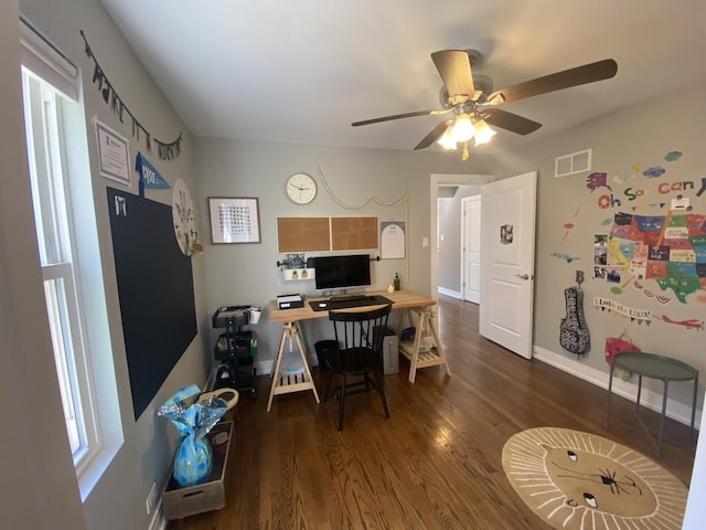 home office with ceiling fan, visible vents, plenty of natural light, and wood finished floors