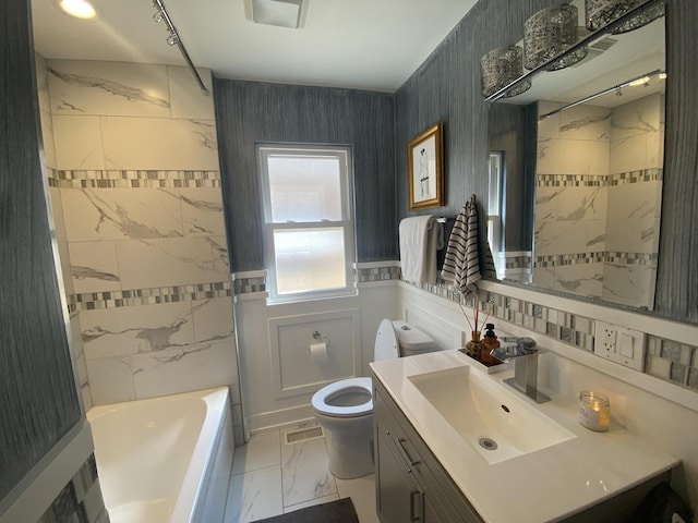 bathroom with visible vents, shower / washtub combination, vanity, toilet, and marble finish floor