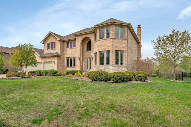 view of front of home featuring a front lawn, fence, stone siding, and a chimney