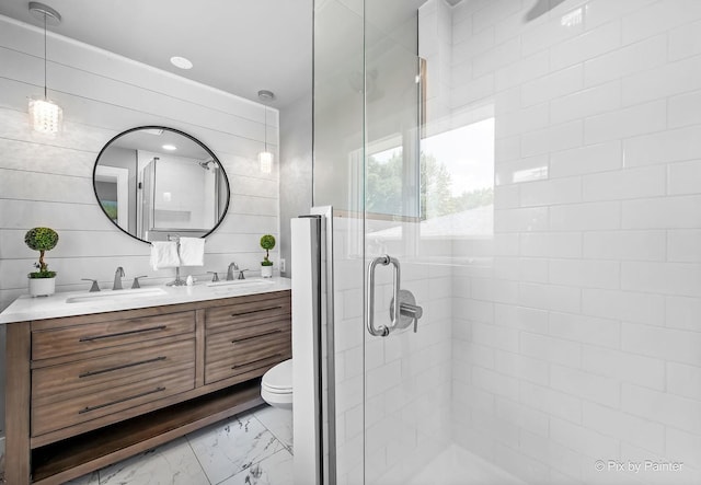622 Katherine St, Saint Charles, IL 60174 - bathroom with marble look tiles, a stall shower, and double vanity