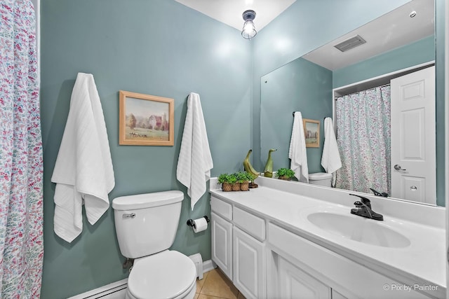 622 Katherine St, Saint Charles, IL 60174 - full bath with vanity, a baseboard radiator, tile patterned floors, and a shower with shower curtain