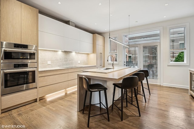 kitchen featuring a sink, light wood finished floors, and modern cabinets