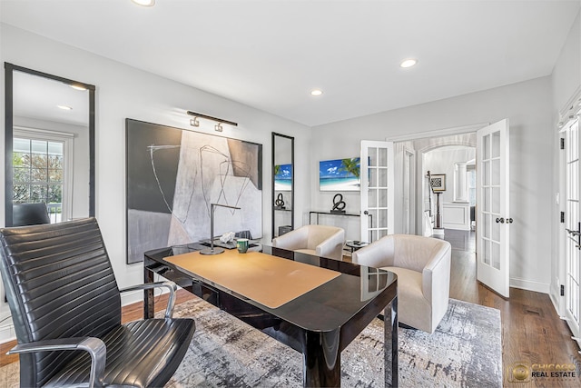 office space with french doors, dark wood-style flooring, baseboards, and recessed lighting