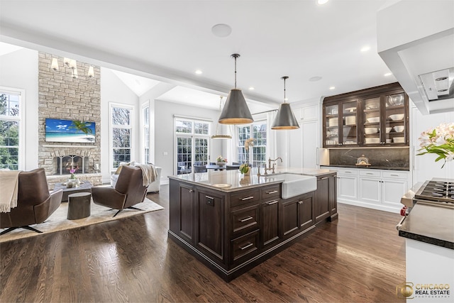 kitchen with dark wood-type flooring, dark brown cabinetry, a sink, open floor plan, and recessed lighting