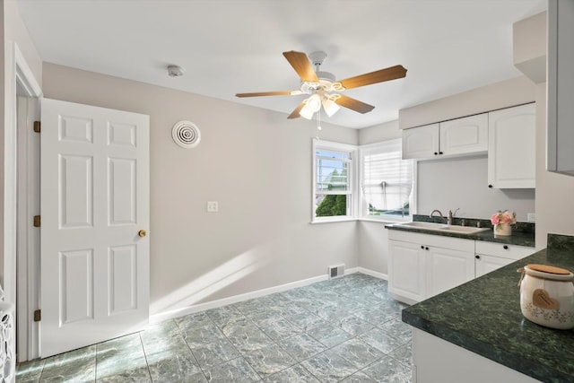 kitchen featuring dark countertops, a sink, a ceiling fan, white cabinetry, and visible vents
