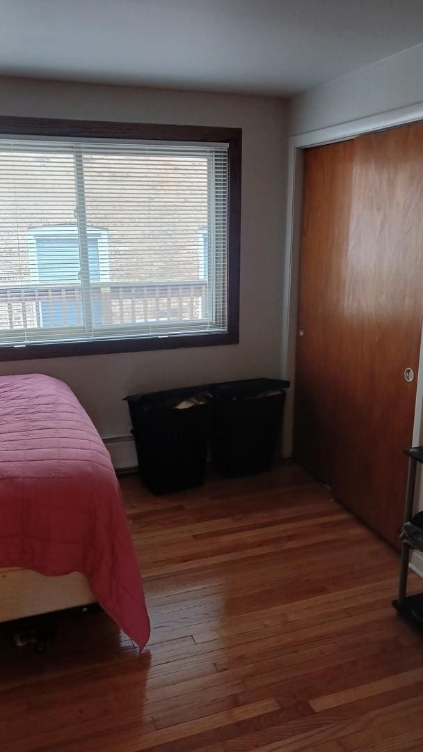 7019 N Ridge Blvd Unit 3B, Chicago, IL 60645 - bedroom with wood finished floors, a baseboard heating unit, and a closet