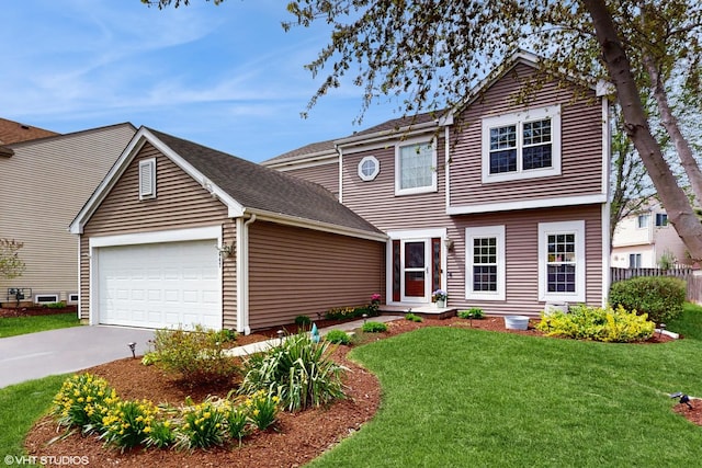 traditional-style home featuring concrete driveway, an attached garage, a front lawn, and fence