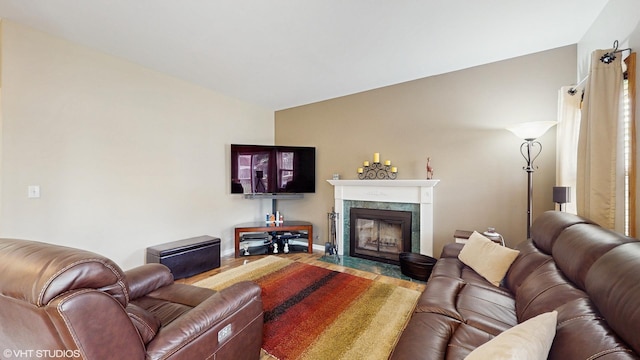 living room featuring a premium fireplace, baseboards, and wood finished floors